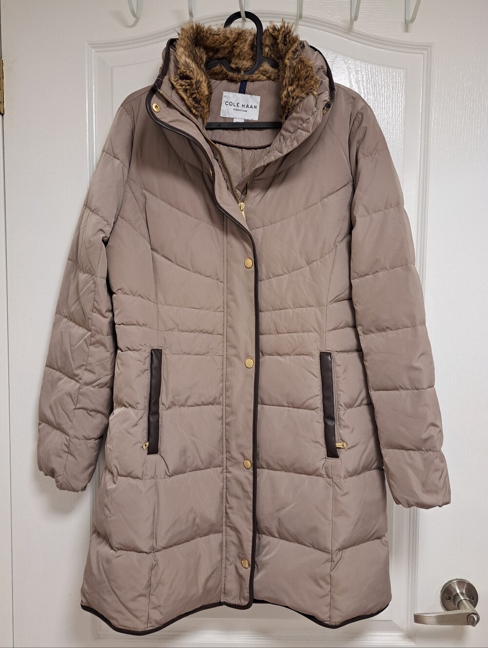 Cole Haan Taupe Quilted Puffer Coat with Faux Fur Trim